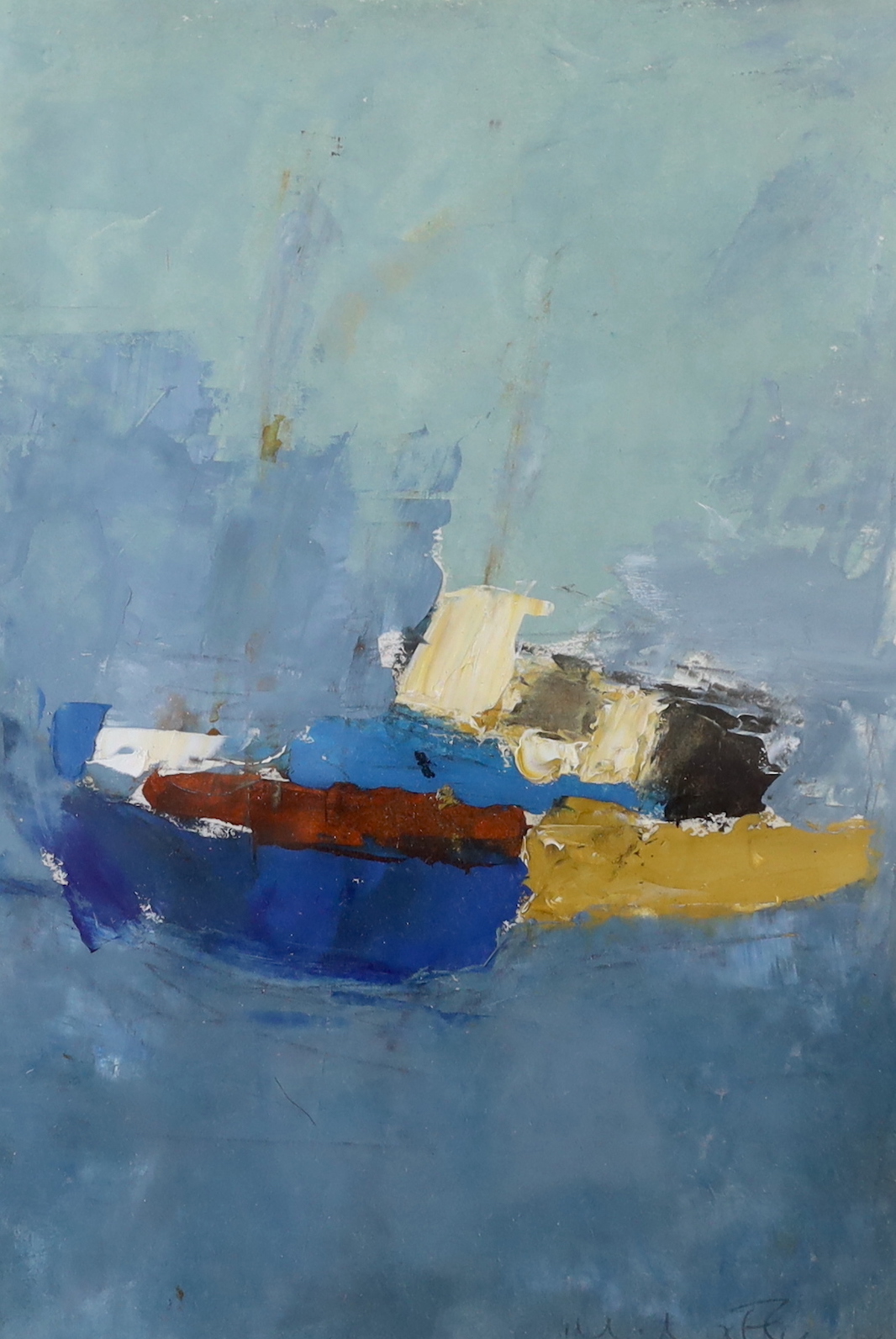 Morris Nitsun (b.1943) oil on paper, abstract composition with boats, signed, details verso, 21 x 15cm